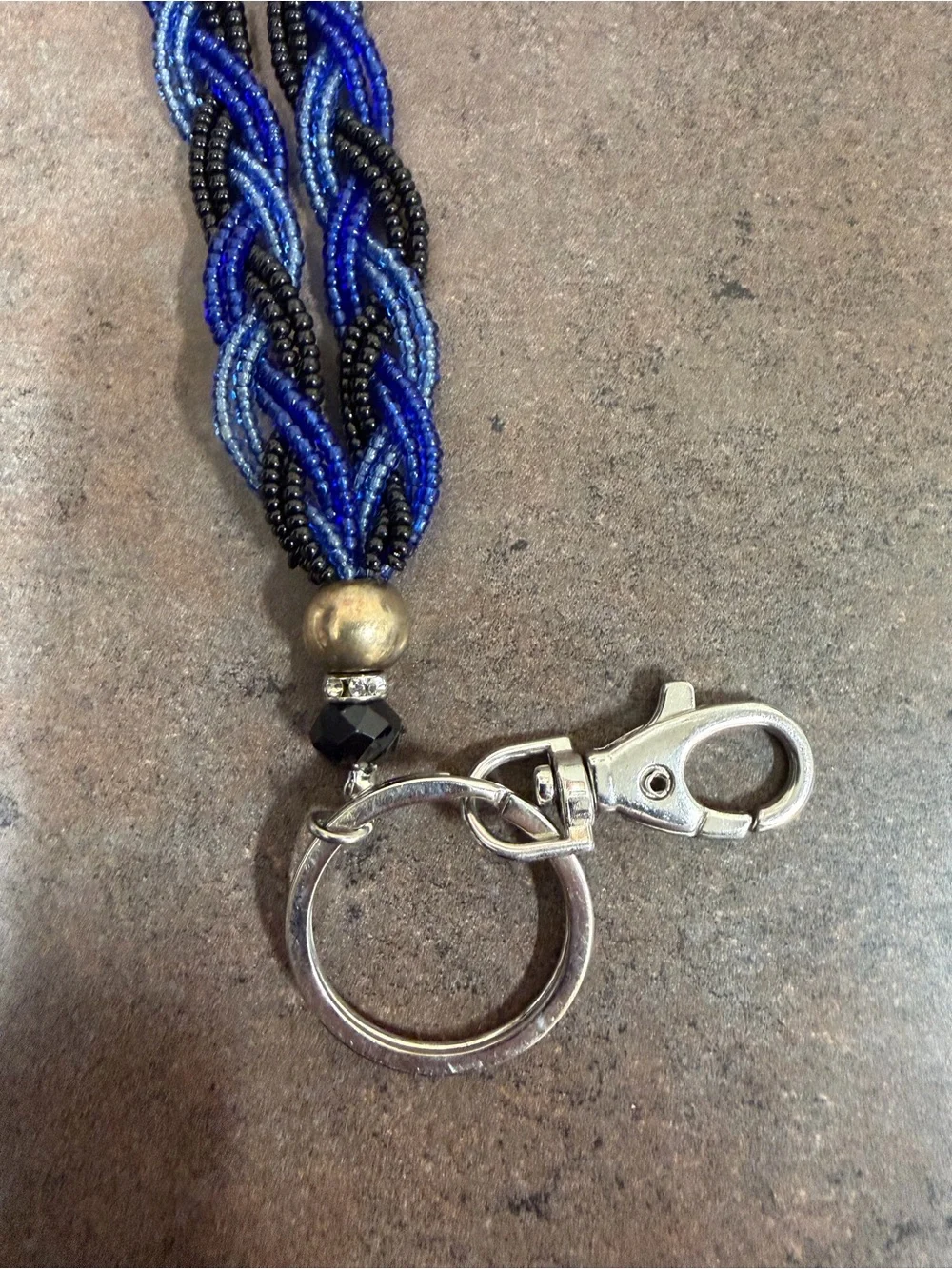 Beaded Braided Lanyard Necklace Blue & Black Detachable Key Ring Lobster Clasp.